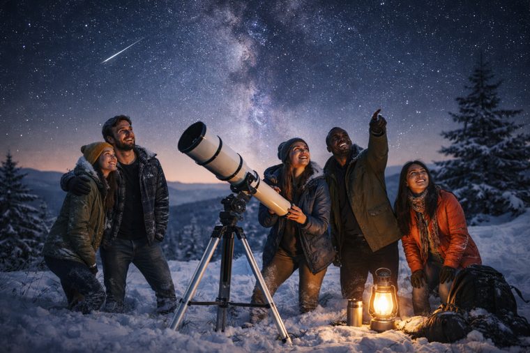 Ryhmä ihmisiä tarkkailee tähtitaivasta kaukoputken avulla talvisessa maisemassa